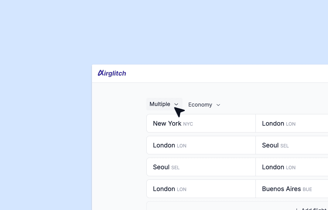 Screenshot of Airglitch multicity search form